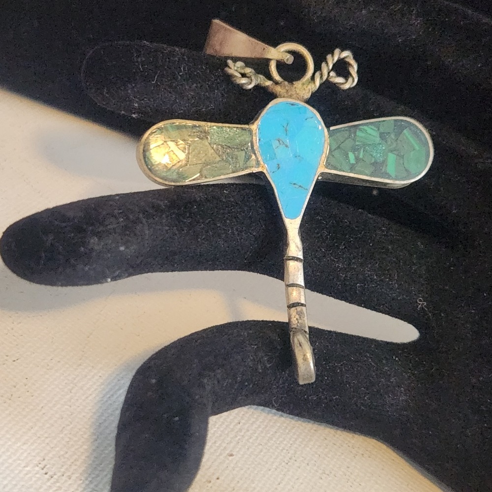 Vintage Dragonfly Pendant Inlaid Turquoise Malachite Pyrite Silver‎ Tone Mosaic